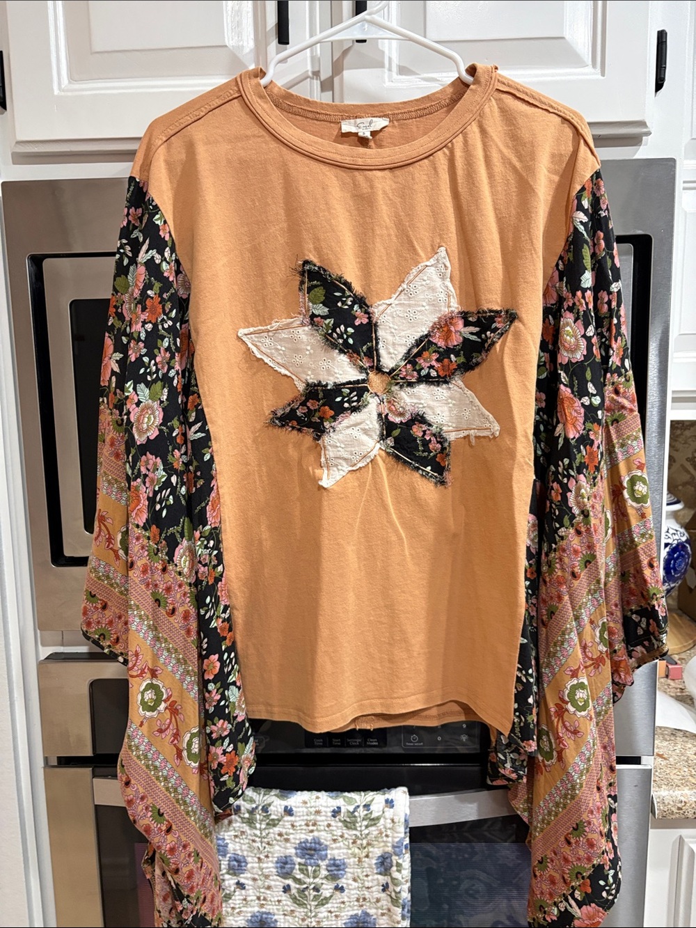 Easel Boho Patchwork Floral Sleeve Top - Peach